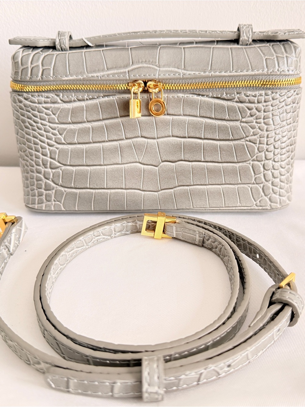 Croc-Embossed Real leather Grey Crossbody Bag with Gold Hardware